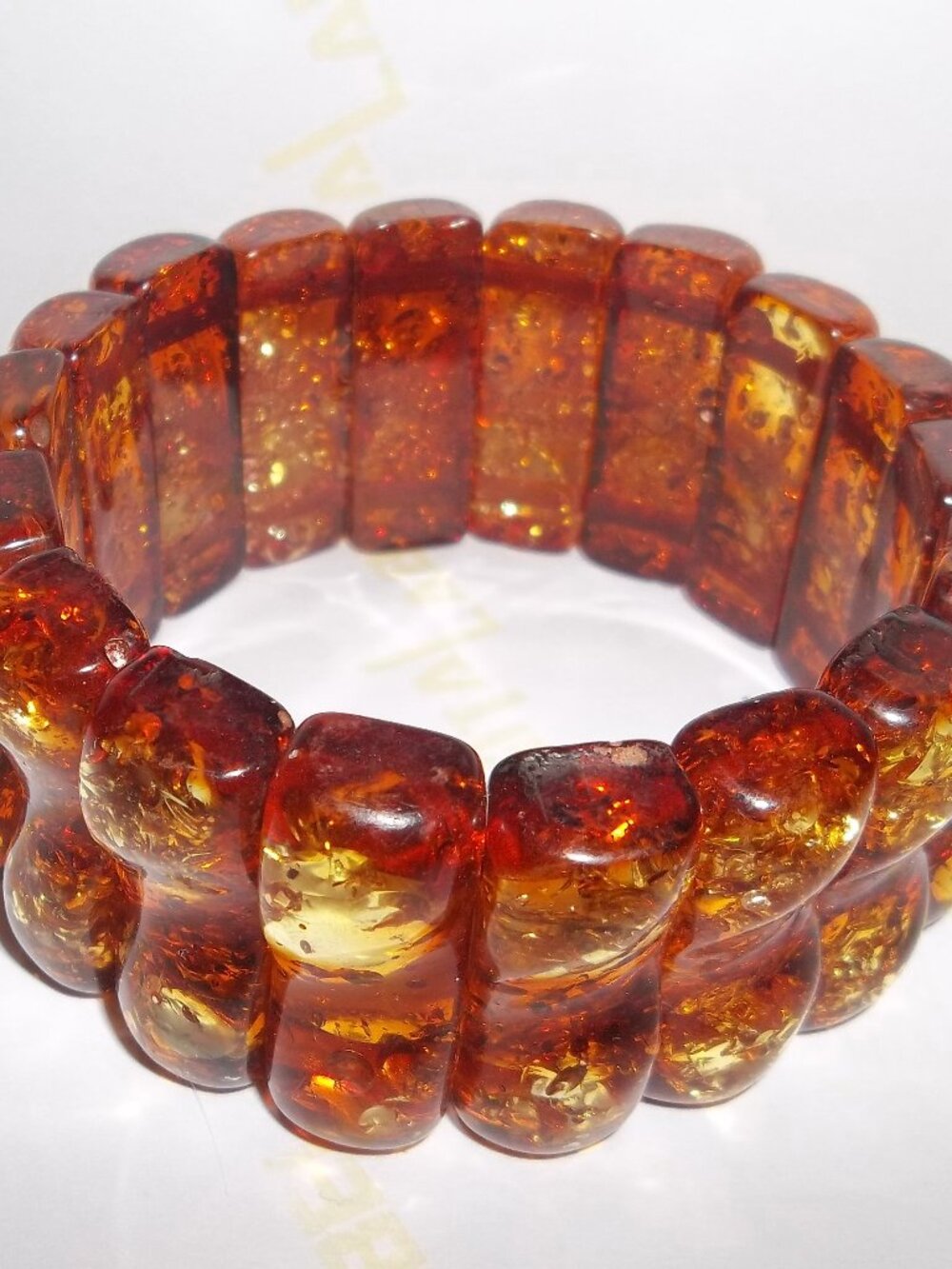 Baltic Amber Stretch Bracelet Large Rectangular Cognac Honey Polished Panels